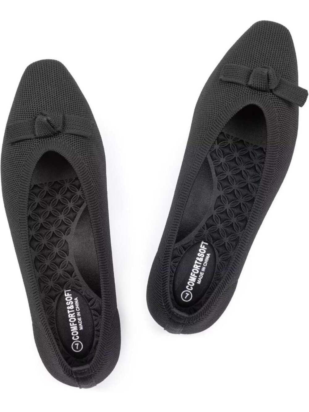 Women's Black Solid Ballet Flats Squared Toe Knit With Bow Knot Casual Slip On